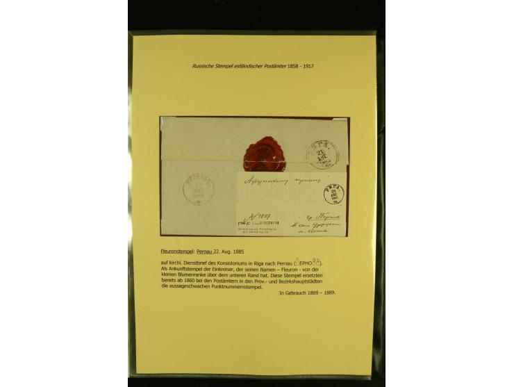 1858/1917, 60 Briefe, Karten und Ganzsachen mit kyrillischen Einkreisstempeln, Type 1-5 nach Hurt/Ojaste, auf beschrifteten A