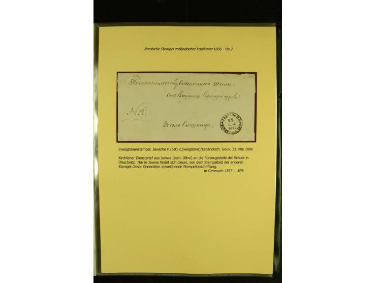 1858/1917, 60 Briefe, Karten und Ganzsachen mit kyrillischen Einkreisstempeln, Type 1-5 nach Hurt/Ojaste, auf beschrifteten A