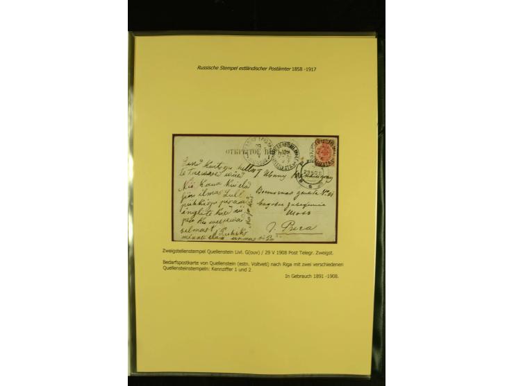 1858/1917, 60 Briefe, Karten und Ganzsachen mit kyrillischen Einkreisstempeln, Type 1-5 nach Hurt/Ojaste, auf beschrifteten A
