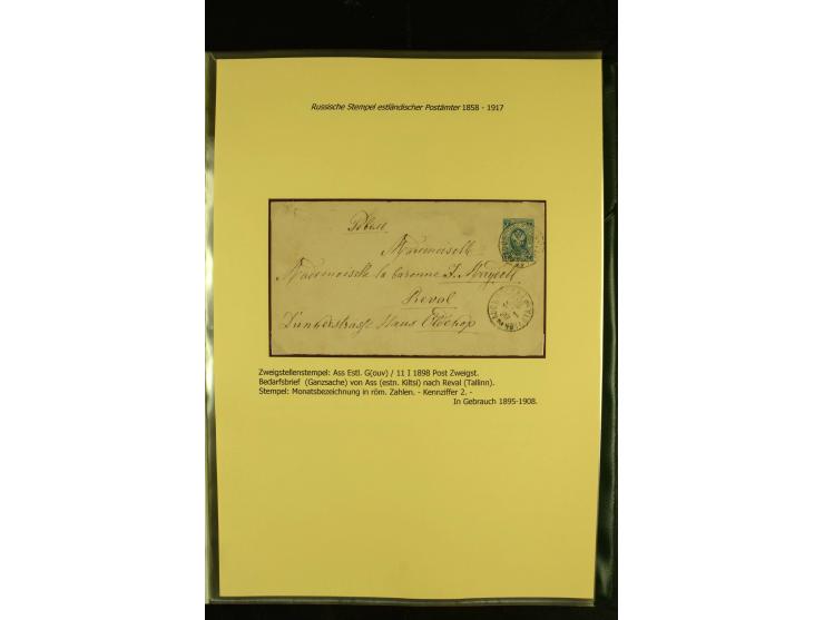 1858/1917, 60 Briefe, Karten und Ganzsachen mit kyrillischen Einkreisstempeln, Type 1-5 nach Hurt/Ojaste, auf beschrifteten A
