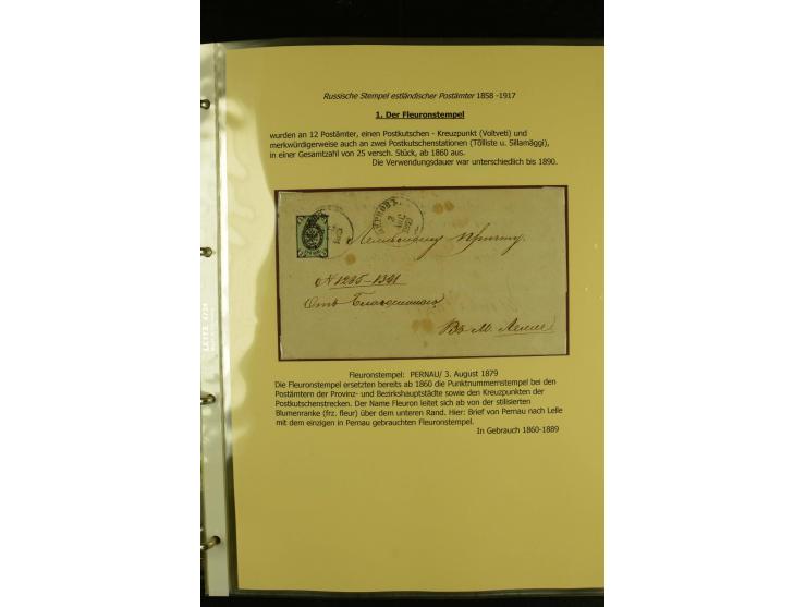 1858/1917, 60 Briefe, Karten und Ganzsachen mit kyrillischen Einkreisstempeln, Type 1-5 nach Hurt/Ojaste, auf beschrifteten A
