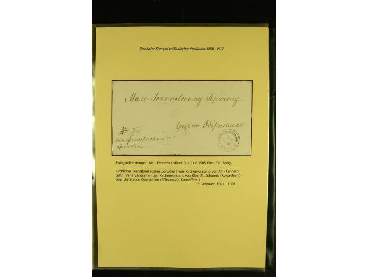 1858/1917, 60 Briefe, Karten und Ganzsachen mit kyrillischen Einkreisstempeln, Type 1-5 nach Hurt/Ojaste, auf beschrifteten A