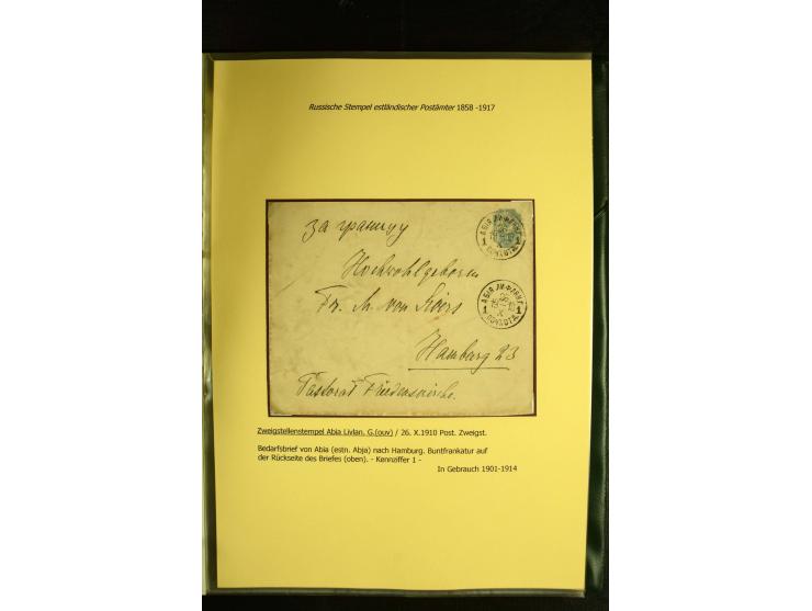 1858/1917, 60 Briefe, Karten und Ganzsachen mit kyrillischen Einkreisstempeln, Type 1-5 nach Hurt/Ojaste, auf beschrifteten A