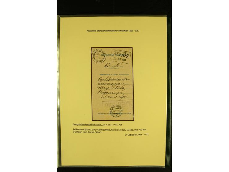 1858/1917, 60 Briefe, Karten und Ganzsachen mit kyrillischen Einkreisstempeln, Type 1-5 nach Hurt/Ojaste, auf beschrifteten A