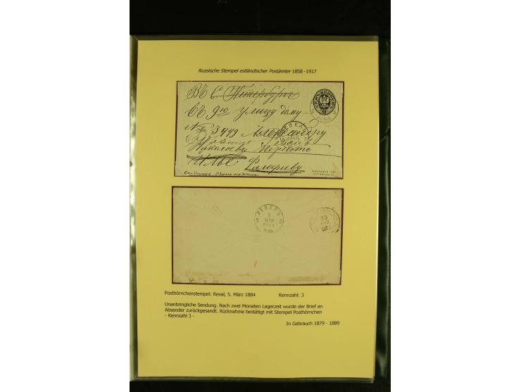 1858/1917, 60 Briefe, Karten und Ganzsachen mit kyrillischen Einkreisstempeln, Type 1-5 nach Hurt/Ojaste, auf beschrifteten A
