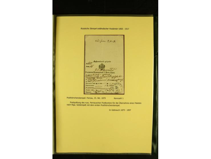 1858/1917, 60 Briefe, Karten und Ganzsachen mit kyrillischen Einkreisstempeln, Type 1-5 nach Hurt/Ojaste, auf beschrifteten A