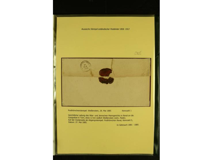 1858/1917, 60 Briefe, Karten und Ganzsachen mit kyrillischen Einkreisstempeln, Type 1-5 nach Hurt/Ojaste, auf beschrifteten A