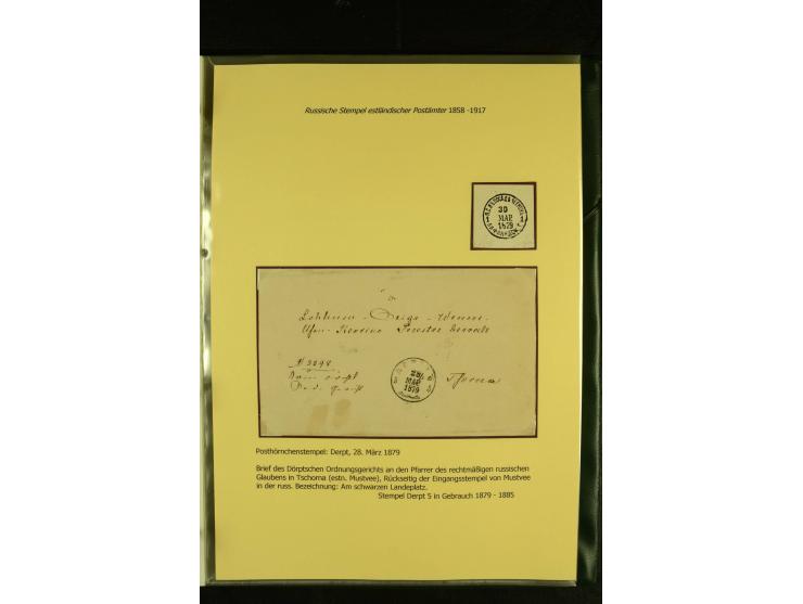 1858/1917, 60 Briefe, Karten und Ganzsachen mit kyrillischen Einkreisstempeln, Type 1-5 nach Hurt/Ojaste, auf beschrifteten A