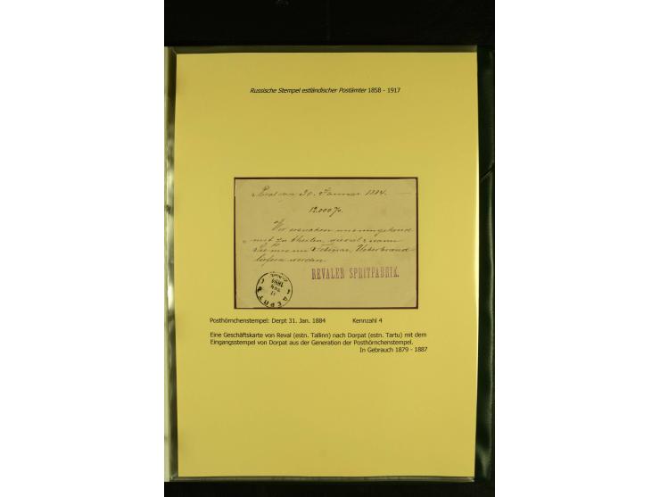 1858/1917, 60 Briefe, Karten und Ganzsachen mit kyrillischen Einkreisstempeln, Type 1-5 nach Hurt/Ojaste, auf beschrifteten A