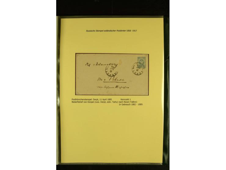 1858/1917, 60 Briefe, Karten und Ganzsachen mit kyrillischen Einkreisstempeln, Type 1-5 nach Hurt/Ojaste, auf beschrifteten A