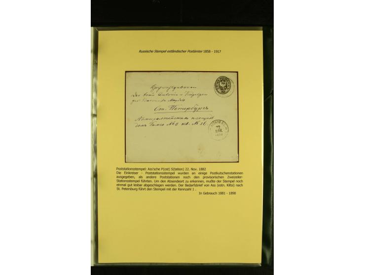 1858/1917, 60 Briefe, Karten und Ganzsachen mit kyrillischen Einkreisstempeln, Type 1-5 nach Hurt/Ojaste, auf beschrifteten A