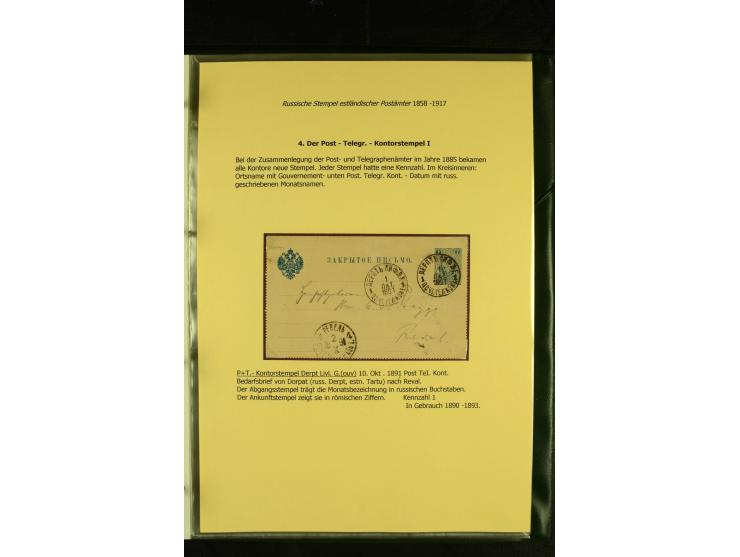 1858/1917, 60 Briefe, Karten und Ganzsachen mit kyrillischen Einkreisstempeln, Type 1-5 nach Hurt/Ojaste, auf beschrifteten A