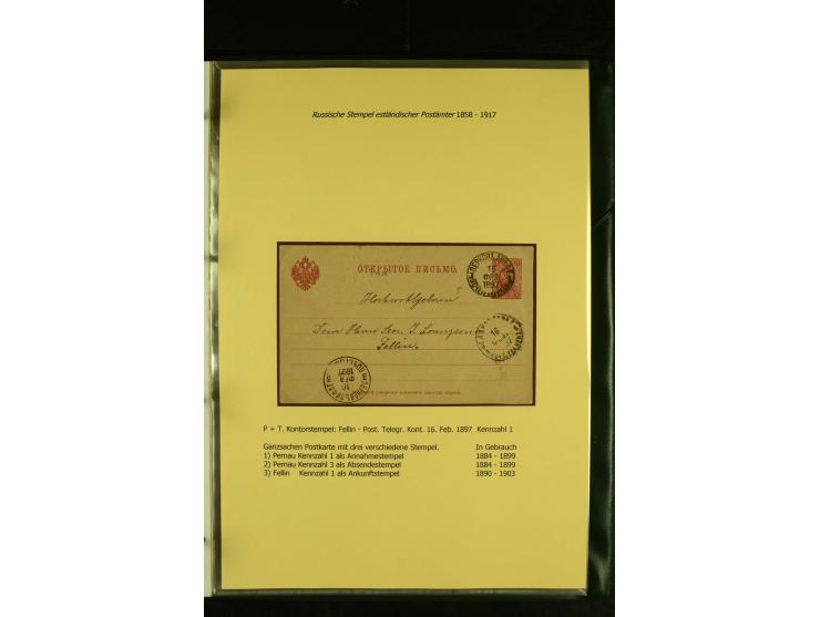 1858/1917, 60 Briefe, Karten und Ganzsachen mit kyrillischen Einkreisstempeln, Type 1-5 nach Hurt/Ojaste, auf beschrifteten A