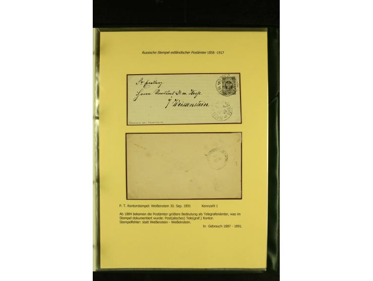 1858/1917, 60 Briefe, Karten und Ganzsachen mit kyrillischen Einkreisstempeln, Type 1-5 nach Hurt/Ojaste, auf beschrifteten A