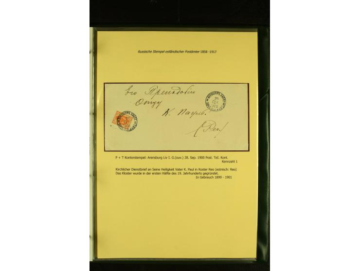1858/1917, 60 Briefe, Karten und Ganzsachen mit kyrillischen Einkreisstempeln, Type 1-5 nach Hurt/Ojaste, auf beschrifteten A