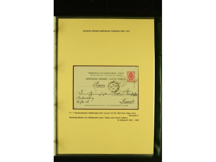 1858/1917, 60 Briefe, Karten und Ganzsachen mit kyrillischen Einkreisstempeln, Type 1-5 nach Hurt/Ojaste, auf beschrifteten A