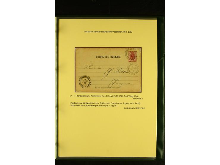 1858/1917, 60 Briefe, Karten und Ganzsachen mit kyrillischen Einkreisstempeln, Type 1-5 nach Hurt/Ojaste, auf beschrifteten A