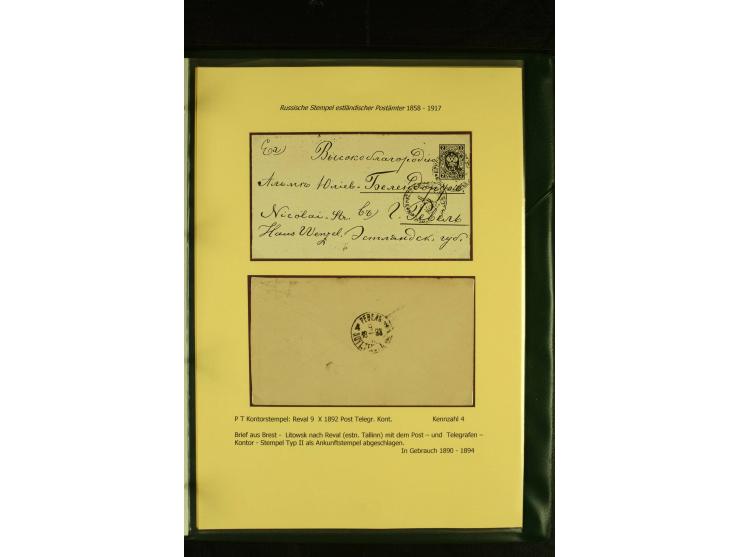 1858/1917, 60 Briefe, Karten und Ganzsachen mit kyrillischen Einkreisstempeln, Type 1-5 nach Hurt/Ojaste, auf beschrifteten A
