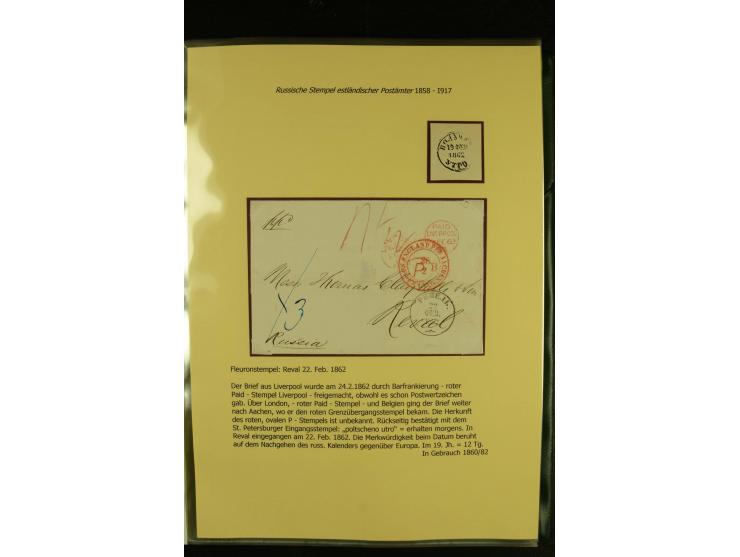 1858/1917, 60 Briefe, Karten und Ganzsachen mit kyrillischen Einkreisstempeln, Type 1-5 nach Hurt/Ojaste, auf beschrifteten A