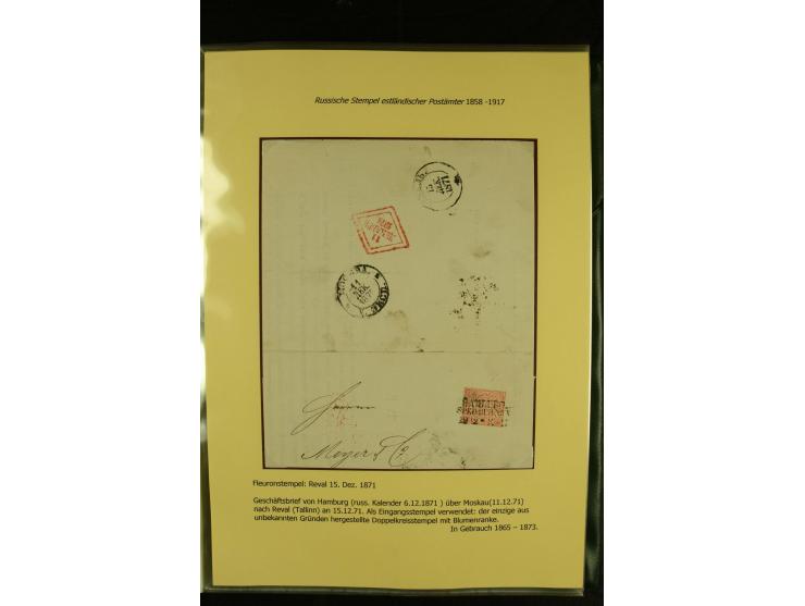 1858/1917, 60 Briefe, Karten und Ganzsachen mit kyrillischen Einkreisstempeln, Type 1-5 nach Hurt/Ojaste, auf beschrifteten A