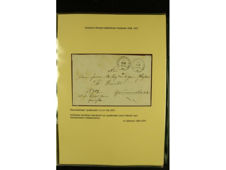 1858/1917, 60 Briefe, Karten und Ganzsachen mit kyrillischen Einkreisstempeln, Type 1-5 nach Hurt/Ojaste, auf beschrifteten A