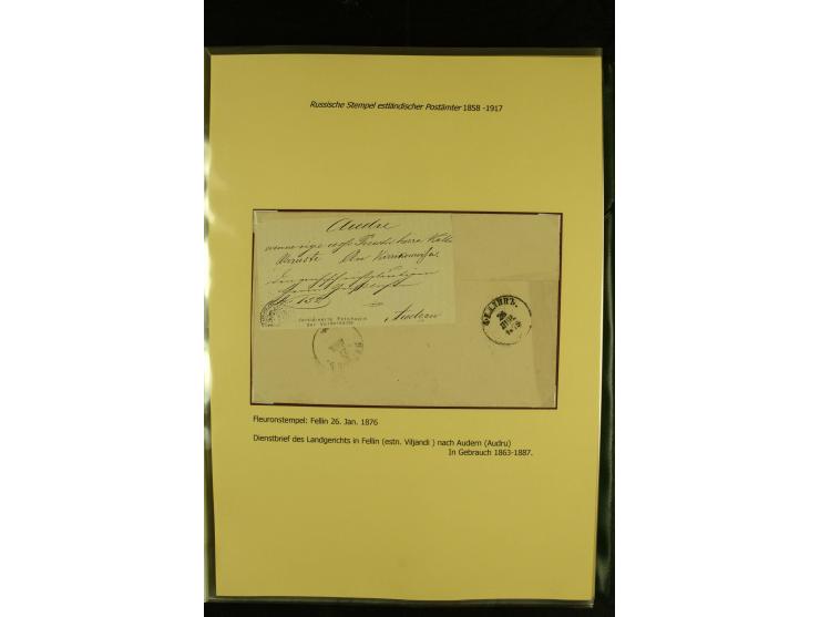 1858/1917, 60 Briefe, Karten und Ganzsachen mit kyrillischen Einkreisstempeln, Type 1-5 nach Hurt/Ojaste, auf beschrifteten A