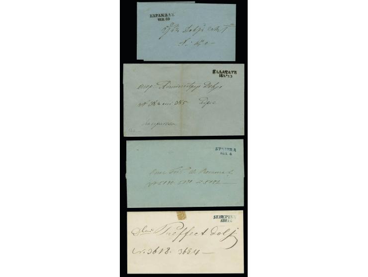 1855/60 (ca.), 3 Briefhüllen und 1 kpl. Brief mit kyrillischen Vorphila-L2 von Karakalu, Kalafatu, Krajowa und Severino in bl