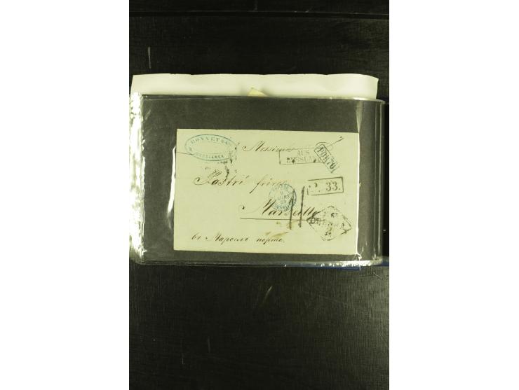 1801/1870, Partie mit über 40 Vorpihla und markenlosen Briefen, meist Auslandspost mit diversen Transit- und Tax-Stempeln, vi