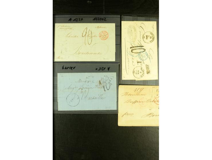 1830/70, über 40 unfrankierte Porto- oder Franko-Briefe ins Ausland, viele verschiedene Transitstempel, u.a. "Breslau vom Aus