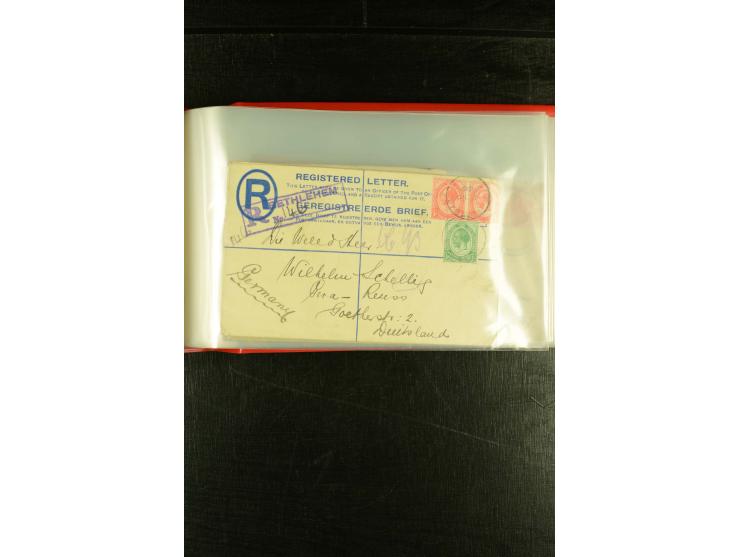1896/1910 (ca.), 58 Briefe und Karten +1 Vorderseite aus Oranje, Natal, Cape, etc. , dabei Ganzsachen mit Zufrankatur, Zensur