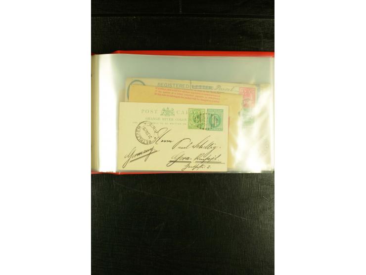 1896/1910 (ca.), 58 Briefe und Karten +1 Vorderseite aus Oranje, Natal, Cape, etc. , dabei Ganzsachen mit Zufrankatur, Zensur