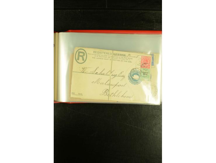 1896/1910 (ca.), 58 Briefe und Karten +1 Vorderseite aus Oranje, Natal, Cape, etc. , dabei Ganzsachen mit Zufrankatur, Zensur