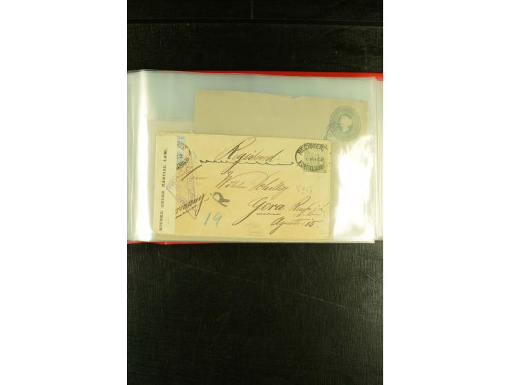 1896/1910 (ca.), 58 Briefe und Karten +1 Vorderseite aus Oranje, Natal, Cape, etc. , dabei Ganzsachen mit Zufrankatur, Zensur