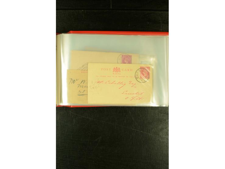 1896/1910 (ca.), 58 Briefe und Karten +1 Vorderseite aus Oranje, Natal, Cape, etc. , dabei Ganzsachen mit Zufrankatur, Zensur