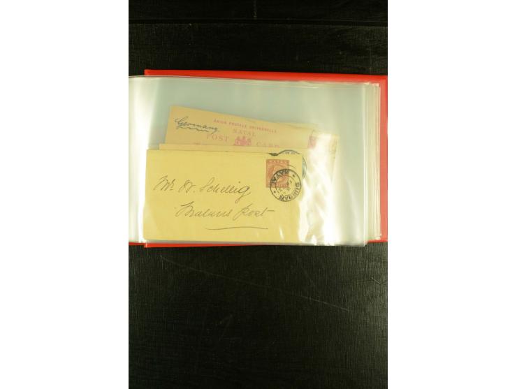 1896/1910 (ca.), 58 Briefe und Karten +1 Vorderseite aus Oranje, Natal, Cape, etc. , dabei Ganzsachen mit Zufrankatur, Zensur