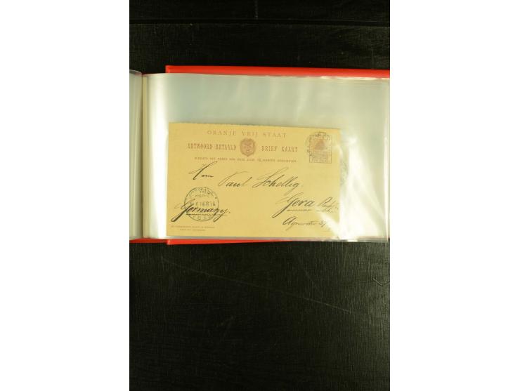 1896/1910 (ca.), 58 Briefe und Karten +1 Vorderseite aus Oranje, Natal, Cape, etc. , dabei Ganzsachen mit Zufrankatur, Zensur