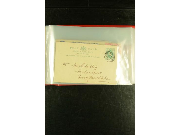 1896/1910 (ca.), 58 Briefe und Karten +1 Vorderseite aus Oranje, Natal, Cape, etc. , dabei Ganzsachen mit Zufrankatur, Zensur