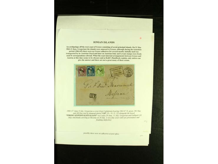 IONISCHE INSELN: 1810/73, kleine Sammlung von 5 Briefen, ausstellungsmäßig aufgezogen, dabei Cholera-Brief und Griechenland D