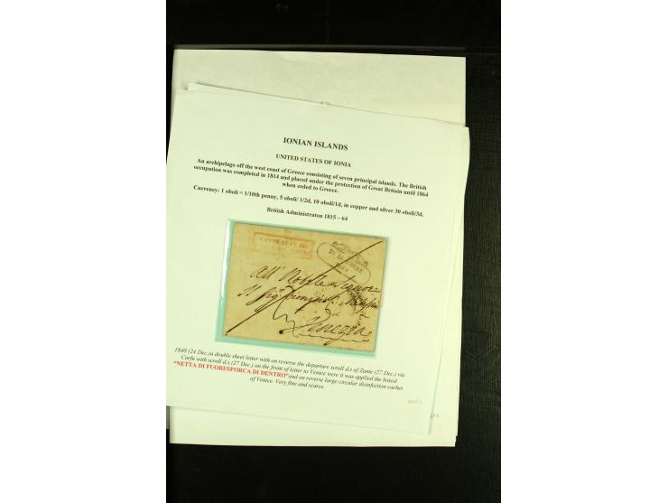 IONISCHE INSELN: 1810/73, kleine Sammlung von 5 Briefen, ausstellungsmäßig aufgezogen, dabei Cholera-Brief und Griechenland D