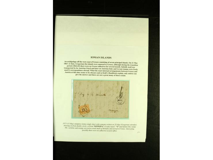 IONISCHE INSELN: 1810/73, kleine Sammlung von 5 Briefen, ausstellungsmäßig aufgezogen, dabei Cholera-Brief und Griechenland D