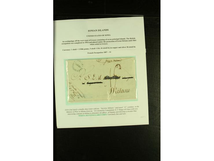 IONISCHE INSELN: 1810/73, kleine Sammlung von 5 Briefen, ausstellungsmäßig aufgezogen, dabei Cholera-Brief und Griechenland D