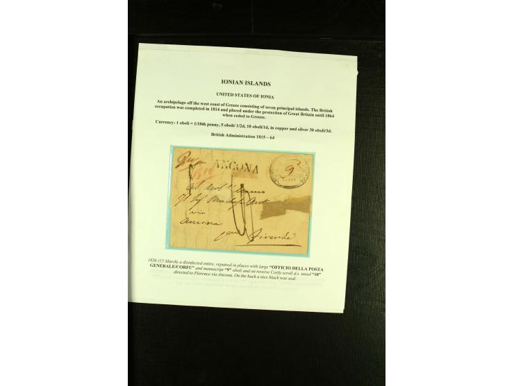 IONISCHE INSELN: 1810/73, kleine Sammlung von 5 Briefen, ausstellungsmäßig aufgezogen, dabei Cholera-Brief und Griechenland D