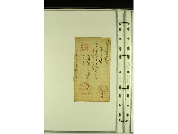 1818/79, aufgezogene Sammlung von 33 unfrankierten Briefen, fast ausschließlich Transatlantik-Post mit vielen interessanten S