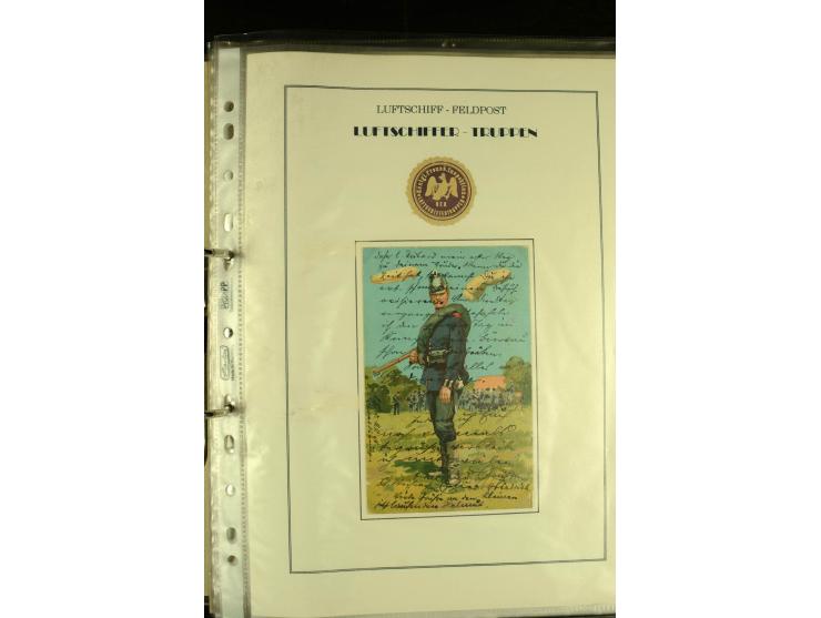 1915/1917, kleine Sammlung "Luftschiff-Feldpost" mit einigen Ansichtskarten diverser Luftschiffe, 3 Feldpostkarten mit Komman