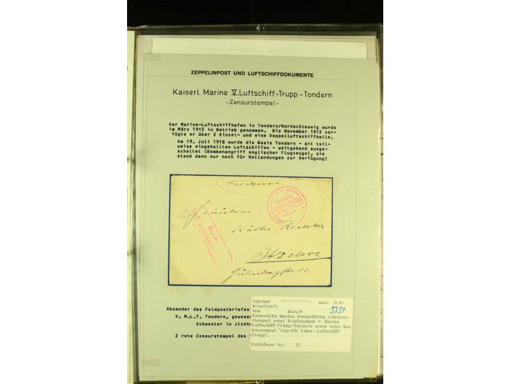 1915/1917, kleine Sammlung "Luftschiff-Feldpost" mit einigen Ansichtskarten diverser Luftschiffe, 3 Feldpostkarten mit Komman
