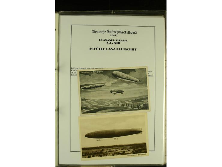 1915/1917, kleine Sammlung "Luftschiff-Feldpost" mit einigen Ansichtskarten diverser Luftschiffe, 3 Feldpostkarten mit Komman