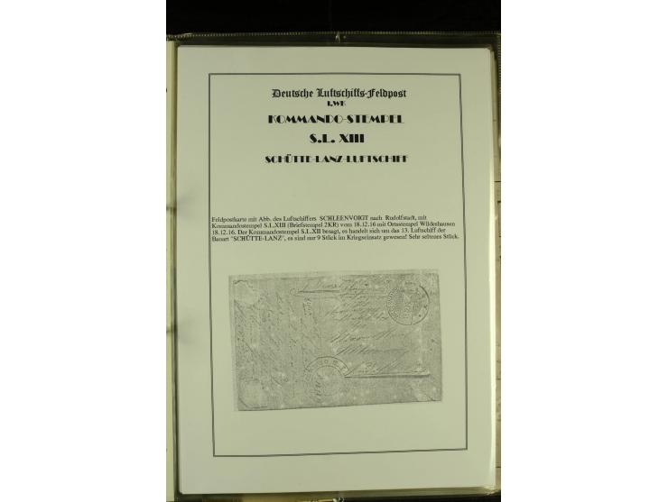 1915/1917, kleine Sammlung "Luftschiff-Feldpost" mit einigen Ansichtskarten diverser Luftschiffe, 3 Feldpostkarten mit Komman