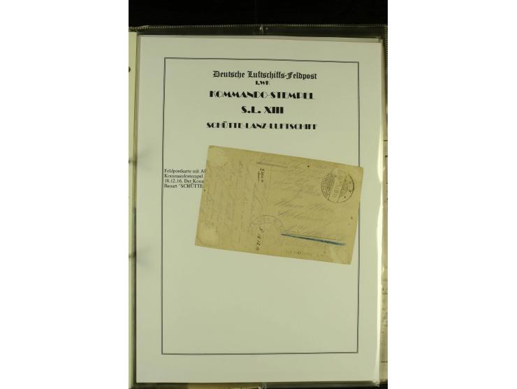 1915/1917, kleine Sammlung "Luftschiff-Feldpost" mit einigen Ansichtskarten diverser Luftschiffe, 3 Feldpostkarten mit Komman