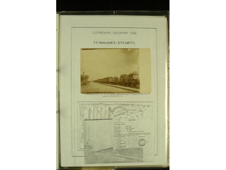 1915/1917, kleine Sammlung "Luftschiff-Feldpost" mit einigen Ansichtskarten diverser Luftschiffe, 3 Feldpostkarten mit Komman