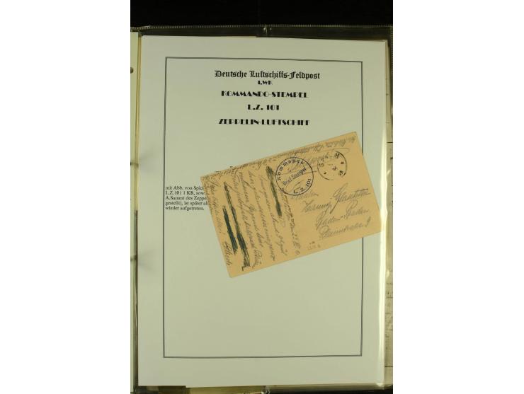 1915/1917, kleine Sammlung "Luftschiff-Feldpost" mit einigen Ansichtskarten diverser Luftschiffe, 3 Feldpostkarten mit Komman